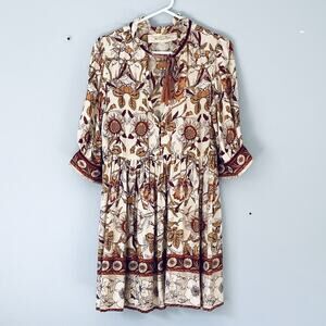 Jens Pirate Booty Dress Small Brown Floral Reko Muse Tunic Velvet Trim Viscose